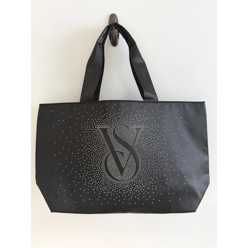 Victoria's Secret Tote Bag Black Satin Rhinestone VS Logo Glam Y2K Shoulder Bag